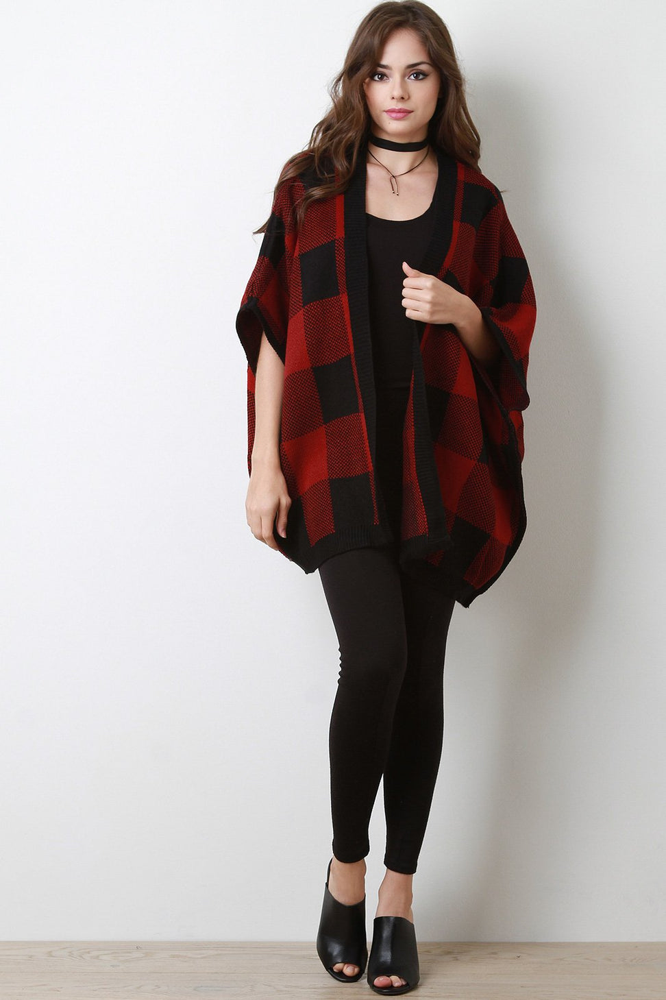 Gingham Sweater Knit Open Front Poncho - NoveltyOne