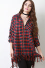 Plaid Zip-Up Fringe Hem Oversize Shirt