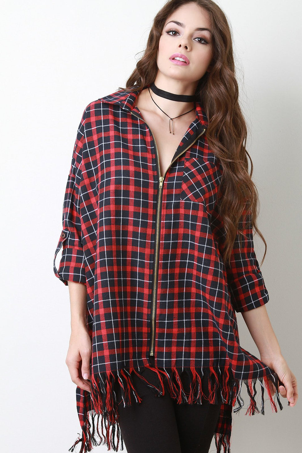 Plaid Zip-Up Fringe Hem Oversize Shirt
