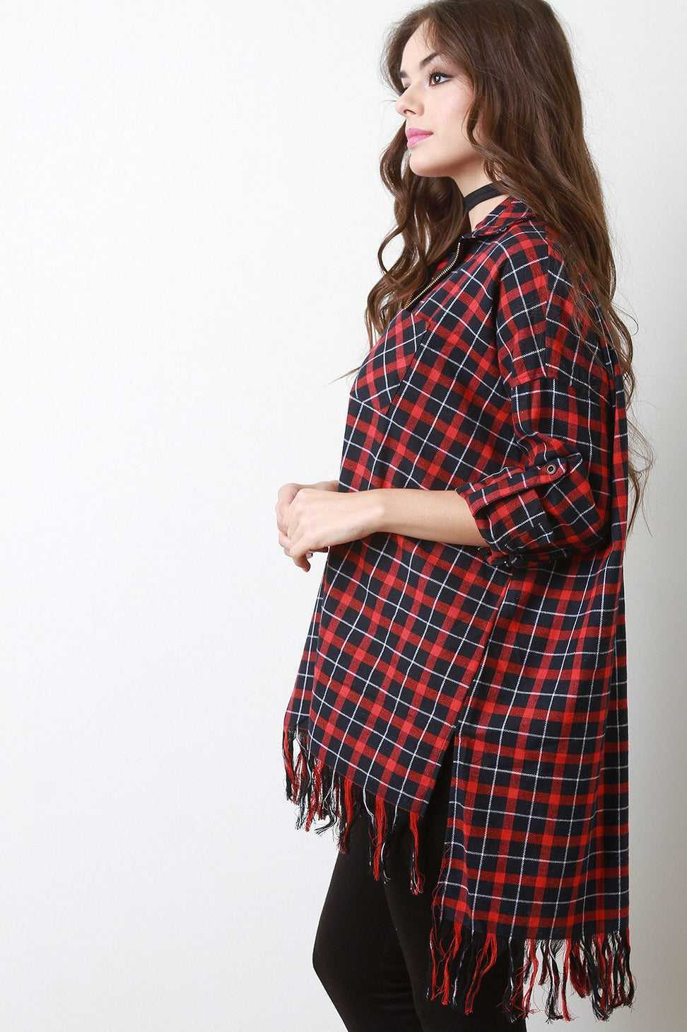 Plaid Zip-Up Fringe Hem Oversize Shirt