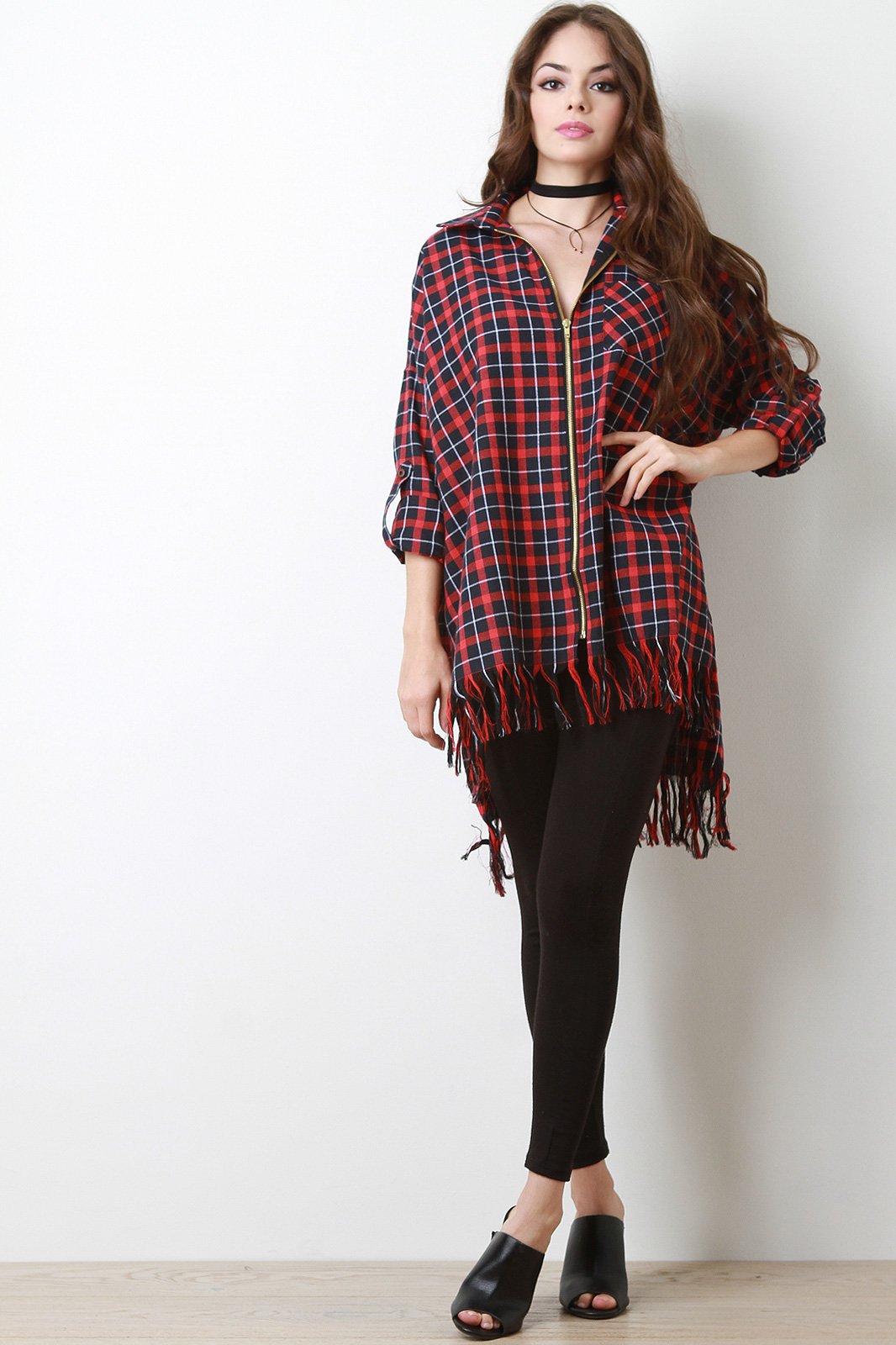Plaid Zip-Up Fringe Hem Oversize Shirt