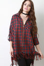 Plaid Zip-Up Fringe Hem Oversize Shirt