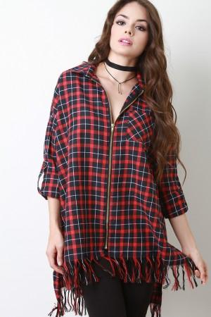 Plaid Zip-Up Fringe Hem Oversize Shirt
