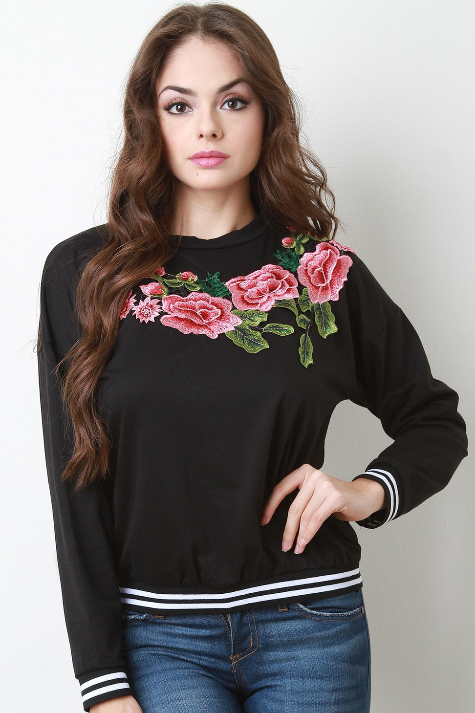 Floral Applique Striped Ribbed Knit Trim Sweater Top - NoveltyOne