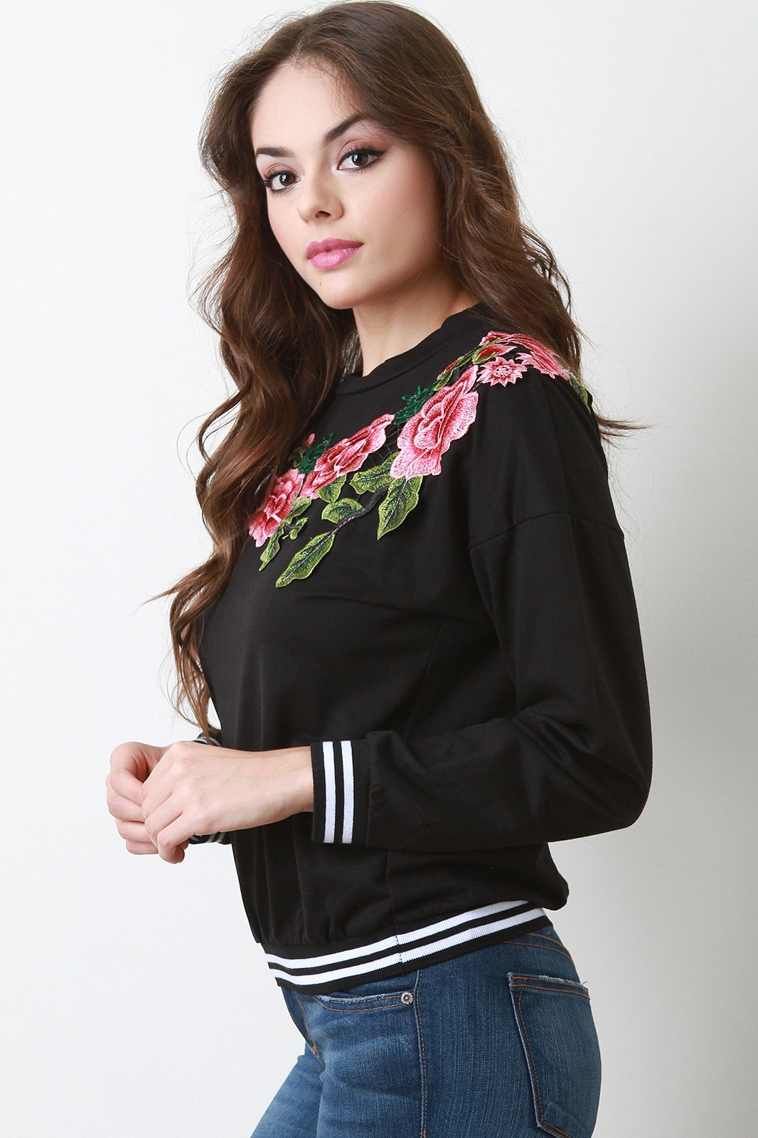 Floral Applique Striped Ribbed Knit Trim Sweater Top - NoveltyOne