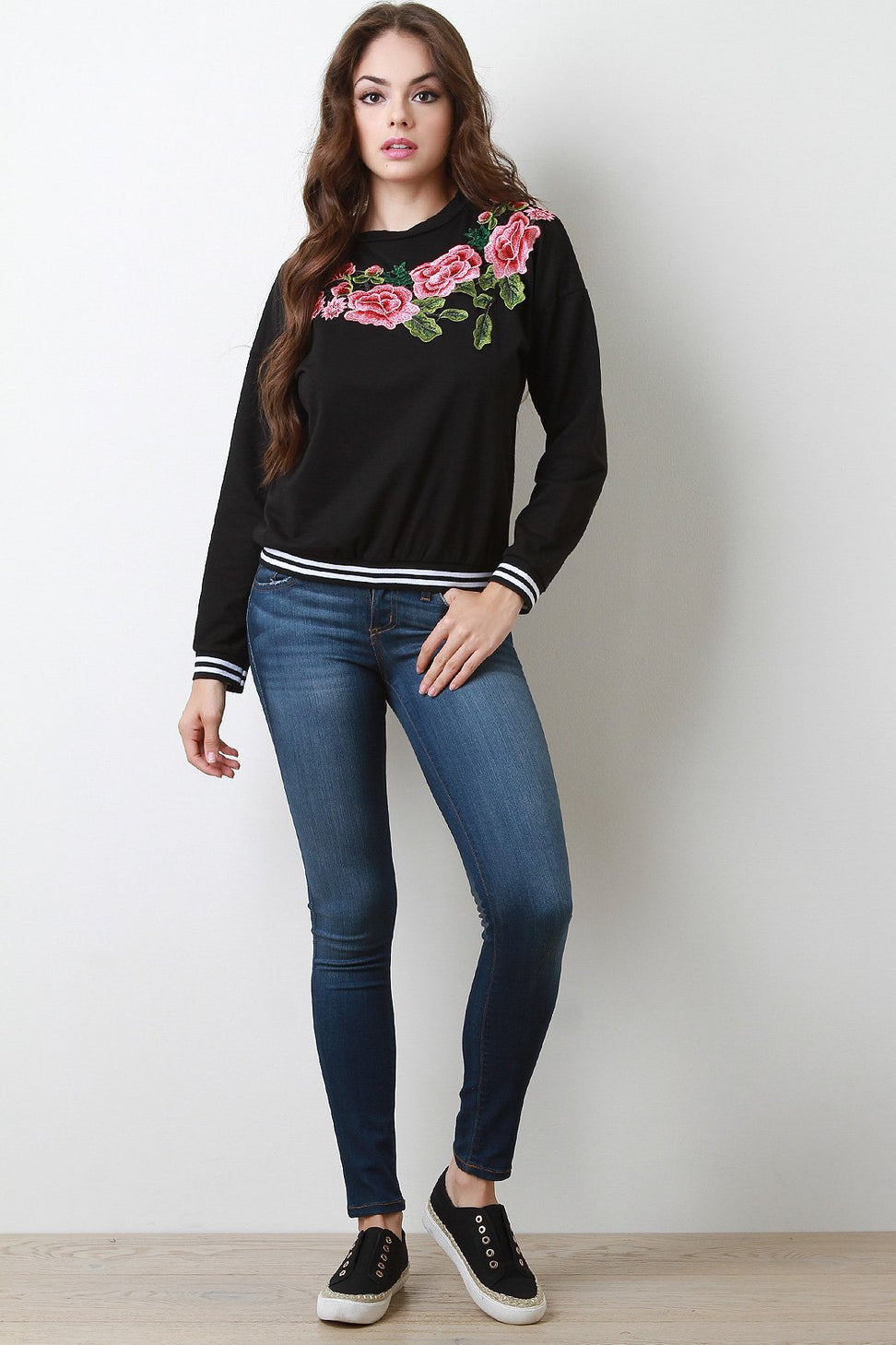 Floral Applique Striped Ribbed Knit Trim Sweater Top - NoveltyOne
