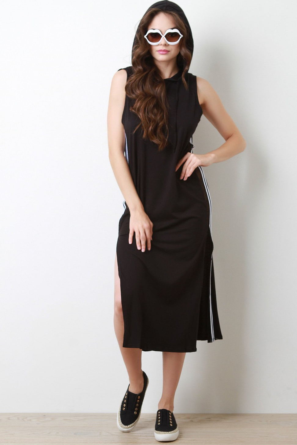 Jersey Knit Side Fishnet Striped Hooded Midi Dress