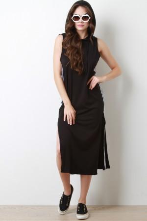 Jersey Knit Side Fishnet Striped Hooded Midi Dress