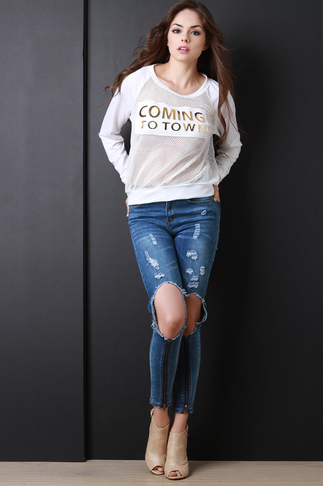 Coming To Town Fishnet Contrast Long Sleeve Top