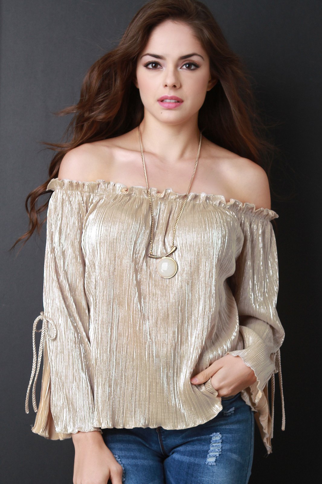 Metallic Accordion Pleated Bardot Long Sleeve Top