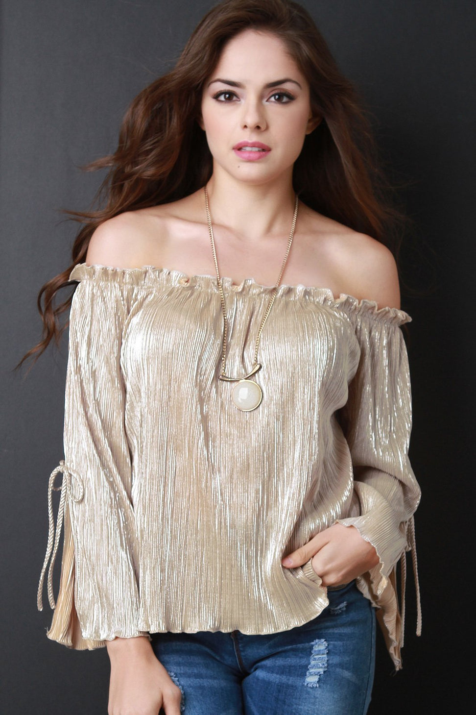 Metallic Accordion Pleated Bardot Long Sleeve Top