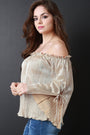Metallic Accordion Pleated Bardot Long Sleeve Top