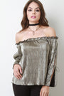 Metallic Accordion Pleated Bardot Long Sleeve Top