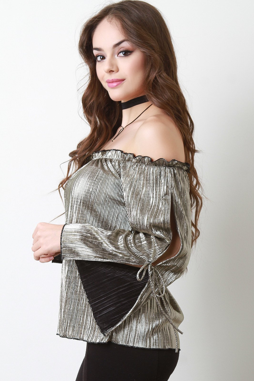 Metallic Accordion Pleated Bardot Long Sleeve Top
