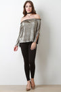 Metallic Accordion Pleated Bardot Long Sleeve Top