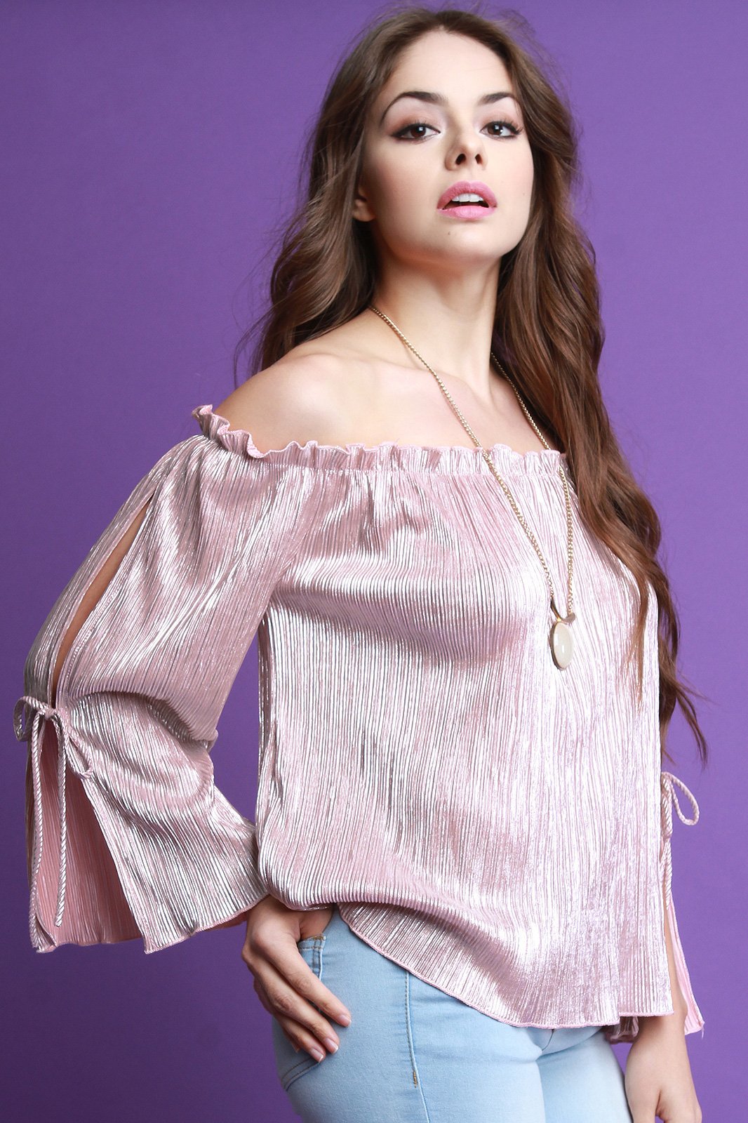 Metallic Accordion Pleated Bardot Long Sleeve Top
