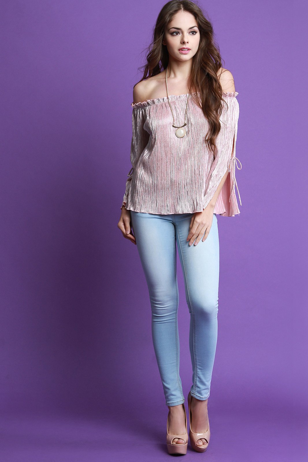 Metallic Accordion Pleated Bardot Long Sleeve Top