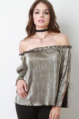 Metallic Accordion Pleated Bardot Long Sleeve Top