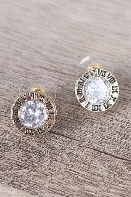 Roman Numeral Rhinestone Stud Earrings
