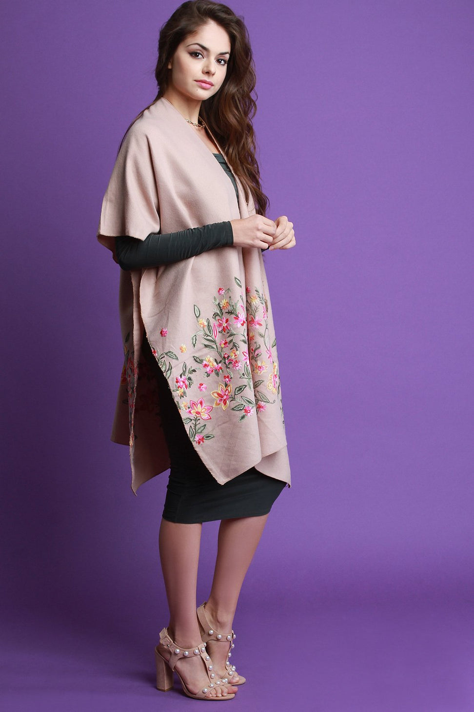 Soft Knit Floral Embroidery Open Kimono Cardigan