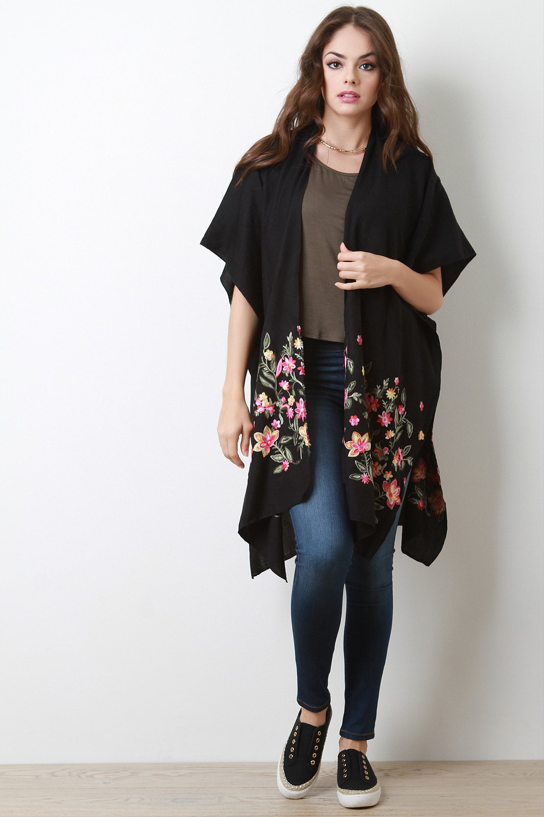Soft Knit Floral Embroidery Open Kimono Cardigan