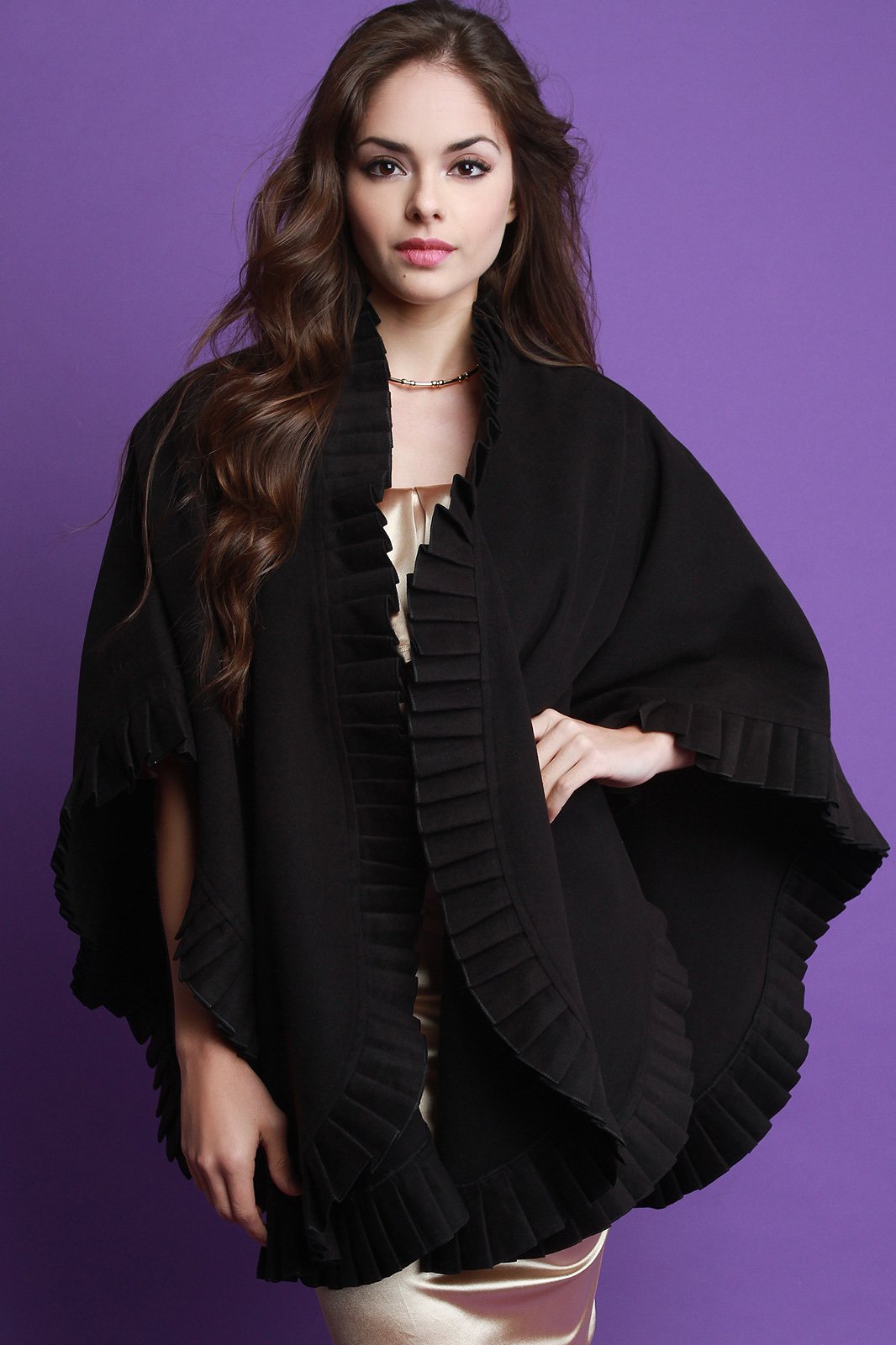 Ruffled Trim Open Front Poncho