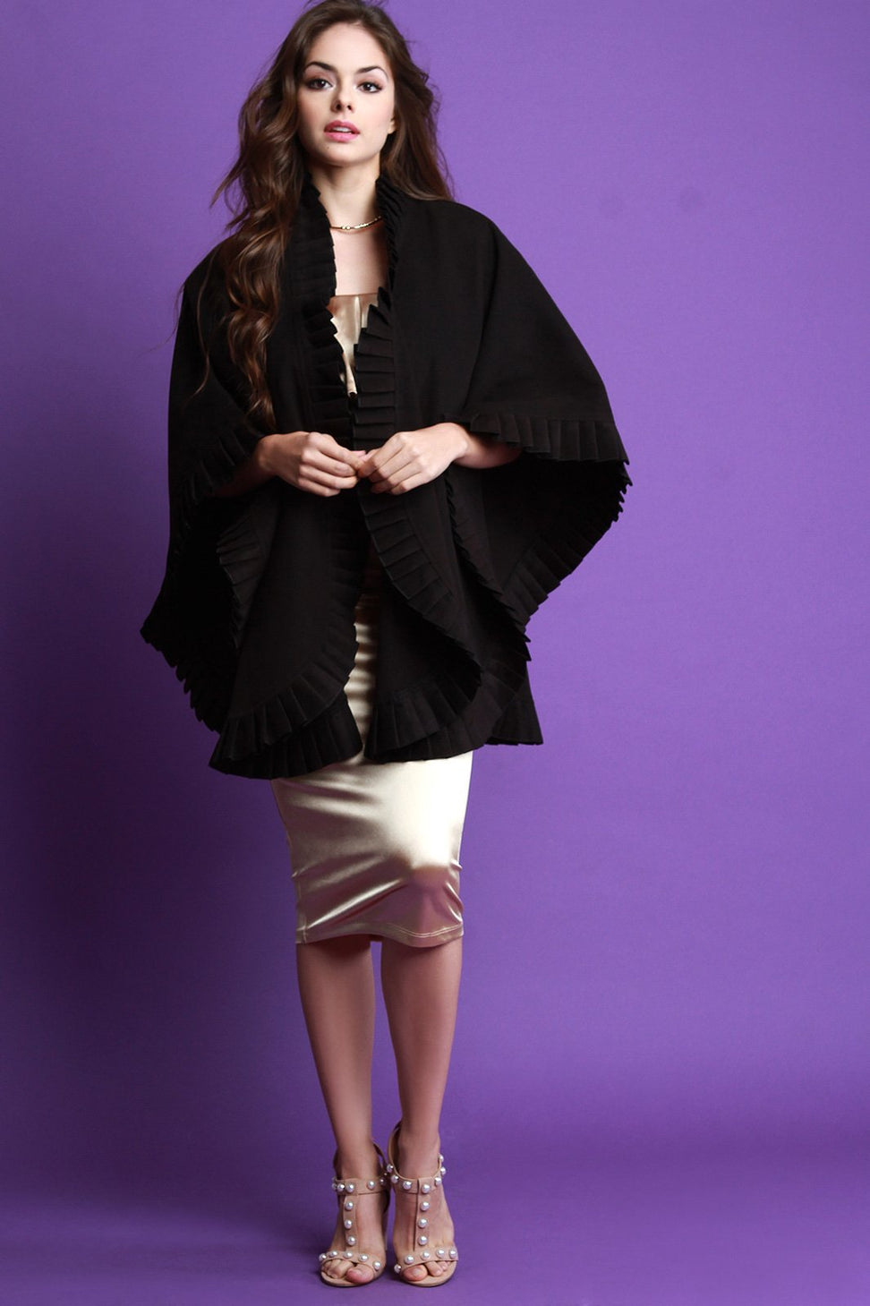 Ruffled Trim Open Front Poncho
