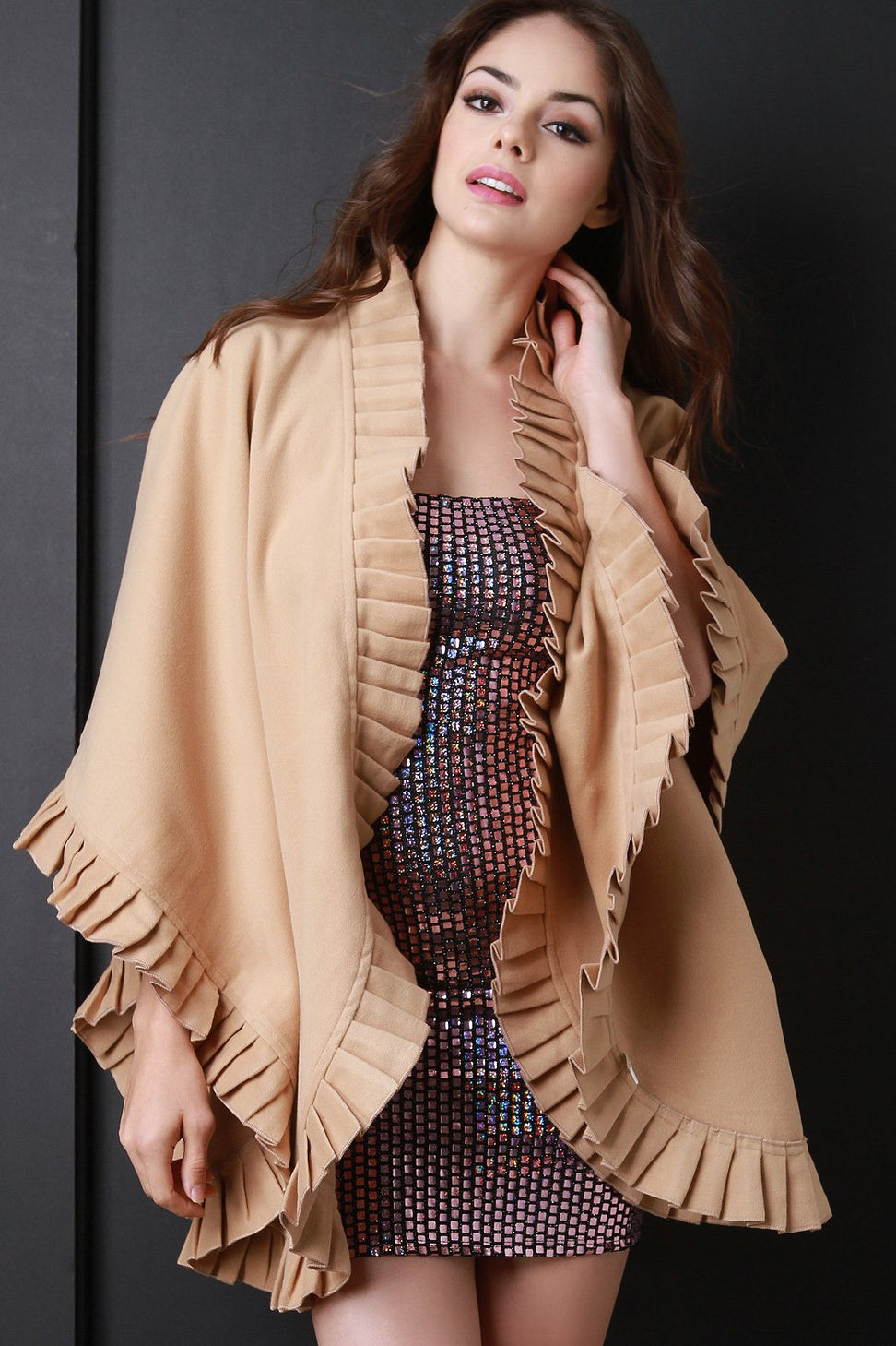 Ruffled Trim Open Front Poncho