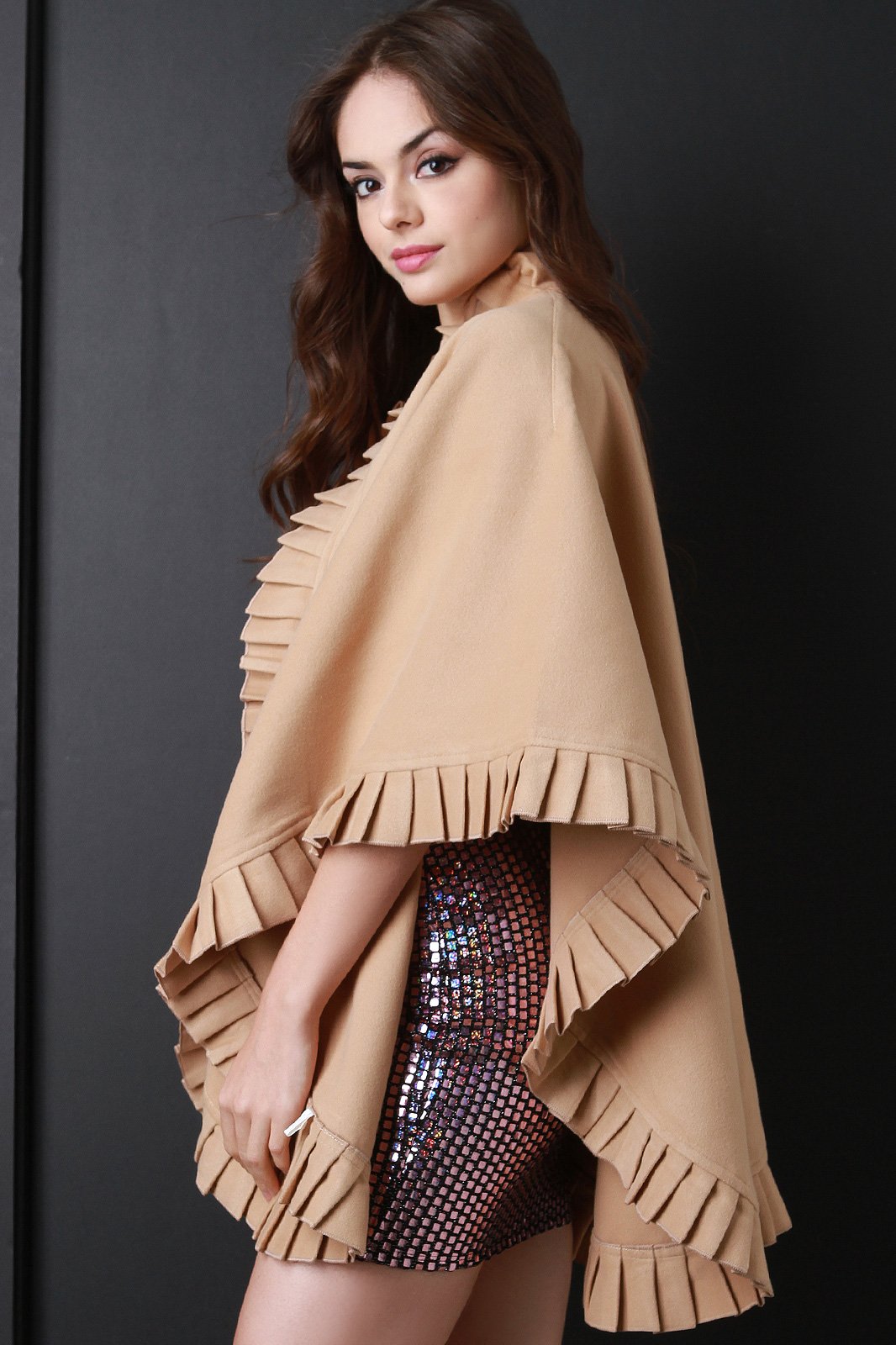 Ruffled Trim Open Front Poncho
