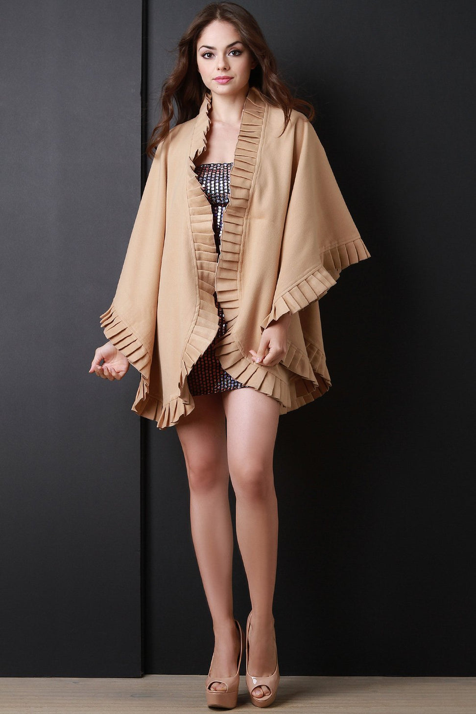 Ruffled Trim Open Front Poncho