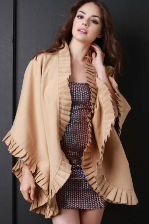 Ruffled Trim Open Front Poncho