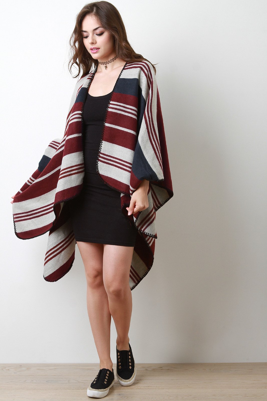 Striped Open Front Poncho Cardigan