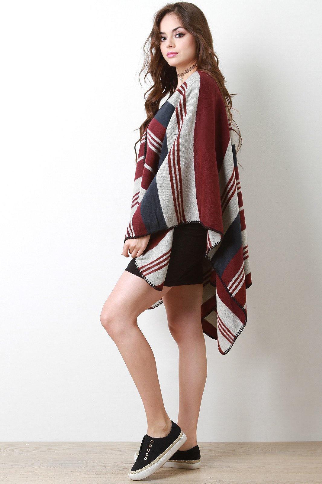Striped Open Front Poncho Cardigan