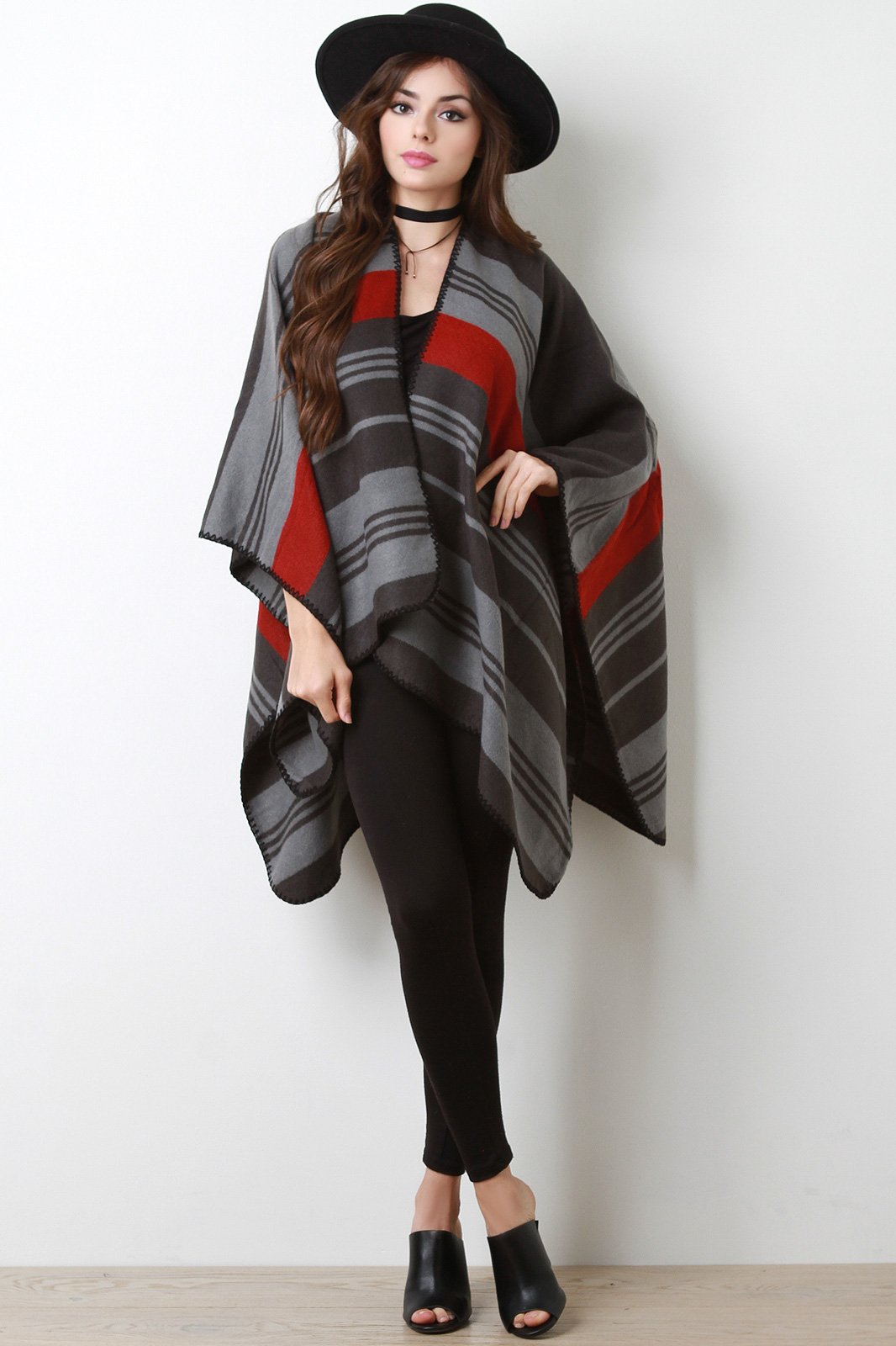 Striped Open Front Poncho Cardigan