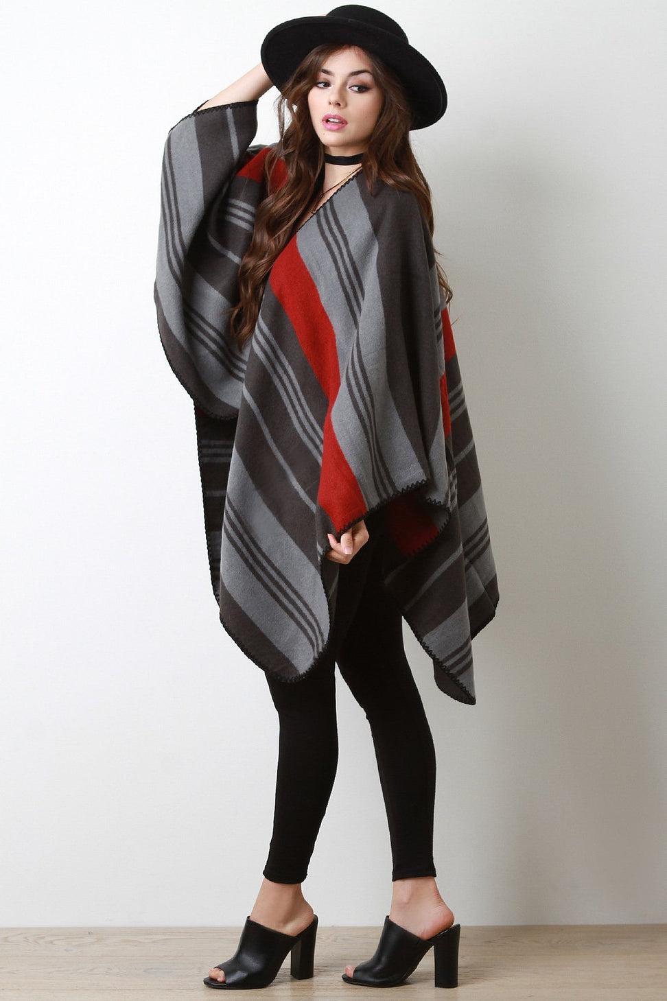 Striped Open Front Poncho Cardigan
