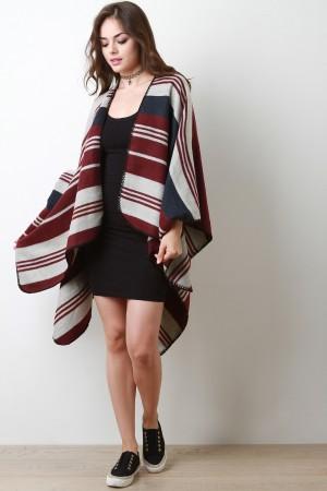 Striped Open Front Poncho Cardigan
