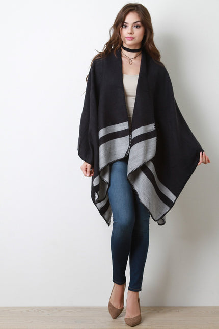 Striped Hem Open Front Poncho Cardigan