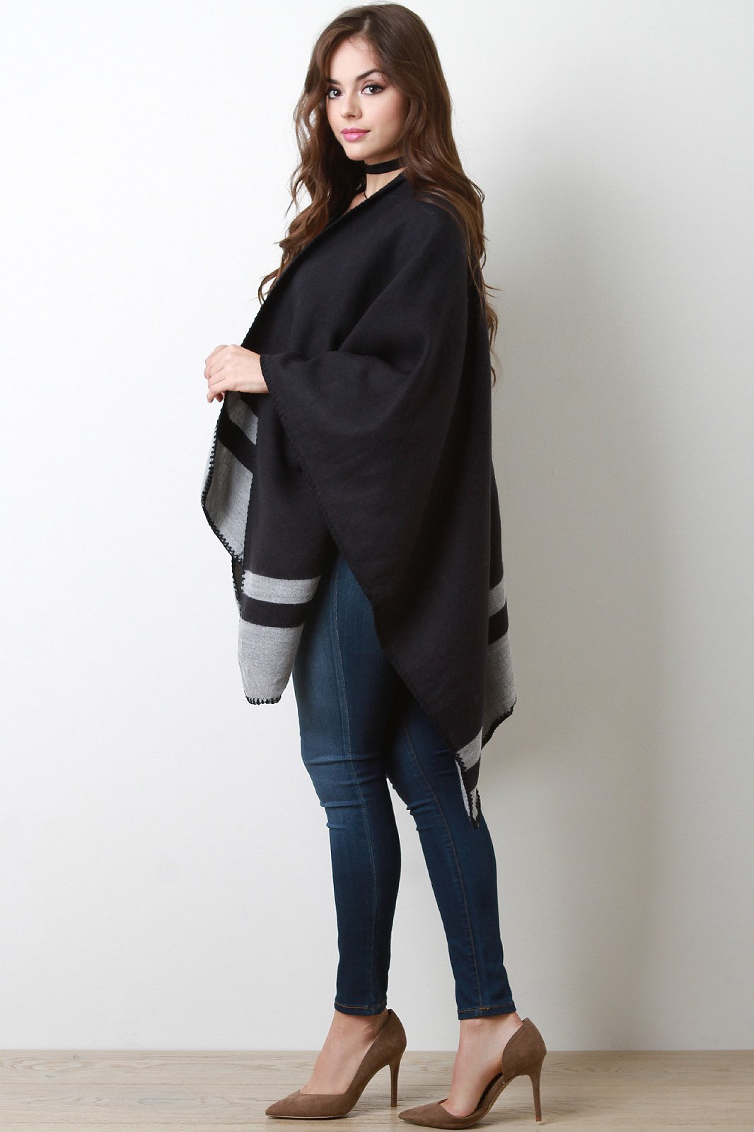 Striped Hem Open Front Poncho Cardigan