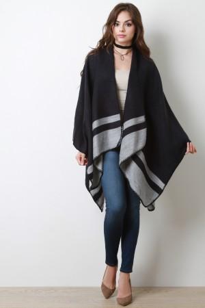 Striped Hem Open Front Poncho Cardigan