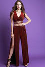 Glitter Knit Strappy Crop Top With High Waist Slit Pants Set