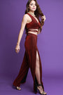 Glitter Knit Strappy Crop Top With High Waist Slit Pants Set