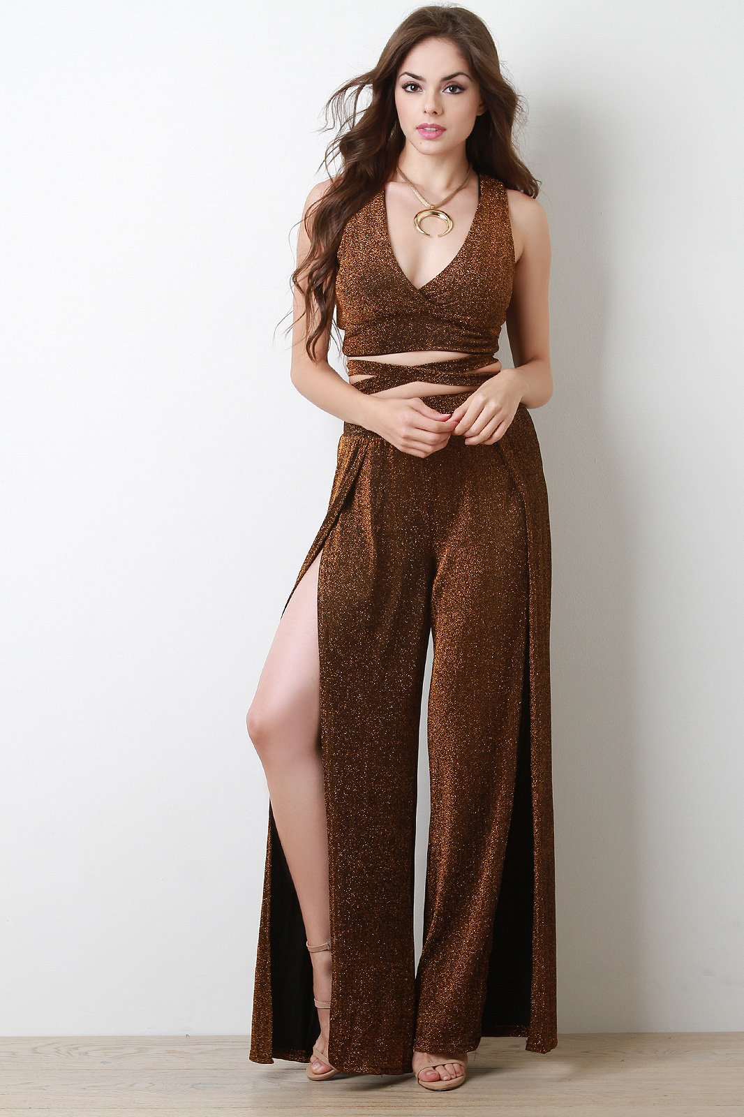 Glitter Knit Strappy Crop Top With High Waist Slit Pants Set