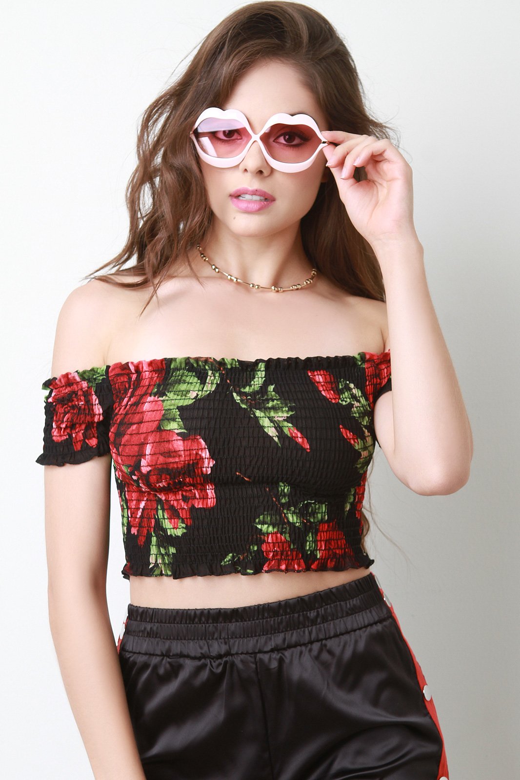 Floral Mesh Smocked Off The Shoulder Crop Top