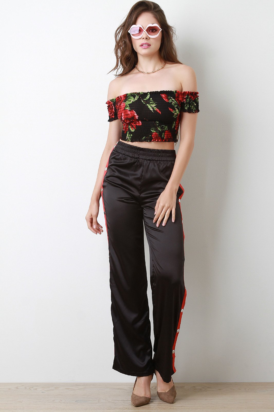Floral Mesh Smocked Off The Shoulder Crop Top