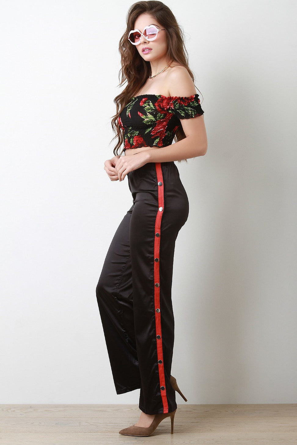 High Waisted Satin Side Snap Buttons Flared Pants