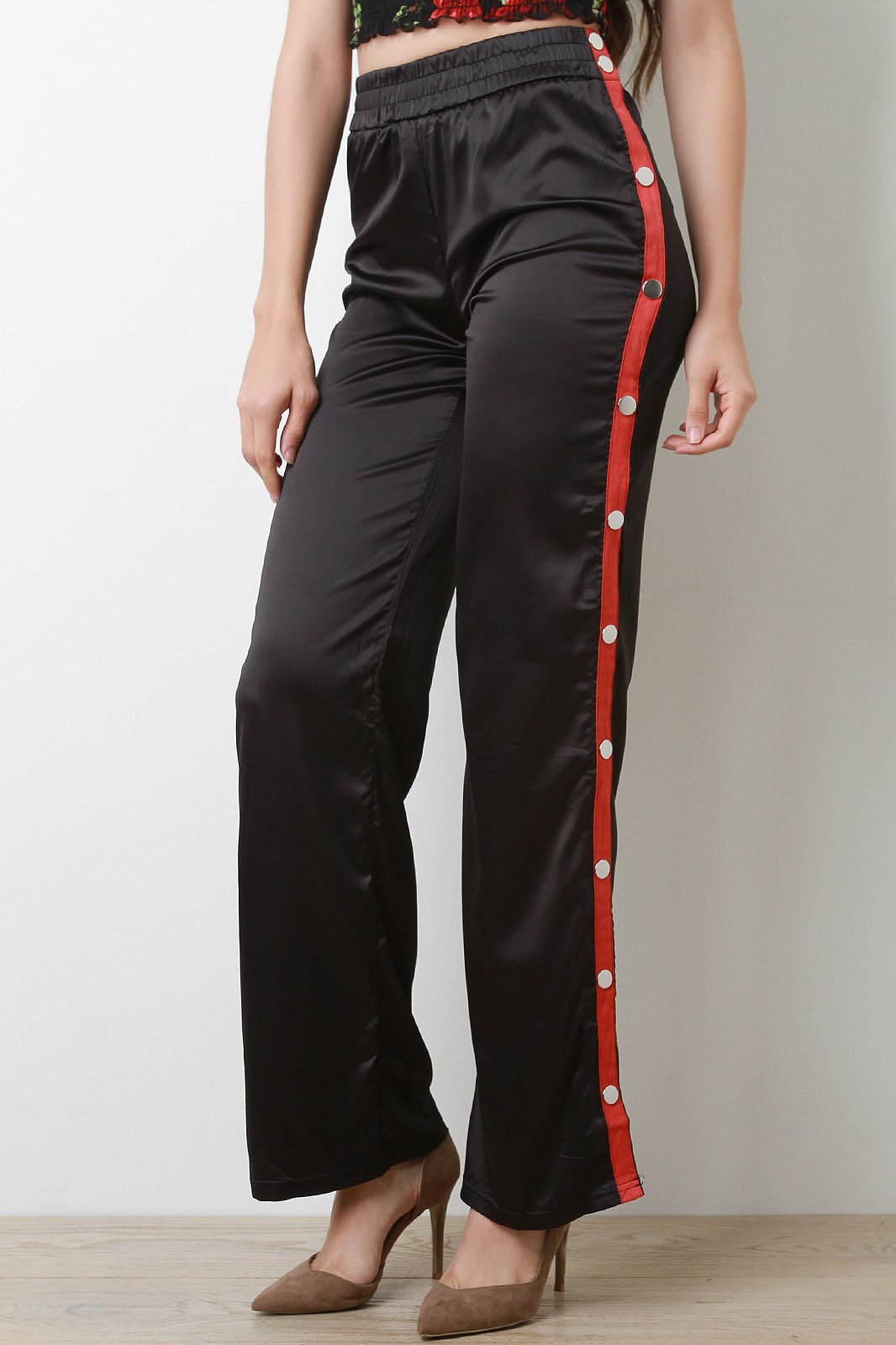 High Waisted Satin Side Snap Buttons Flared Pants