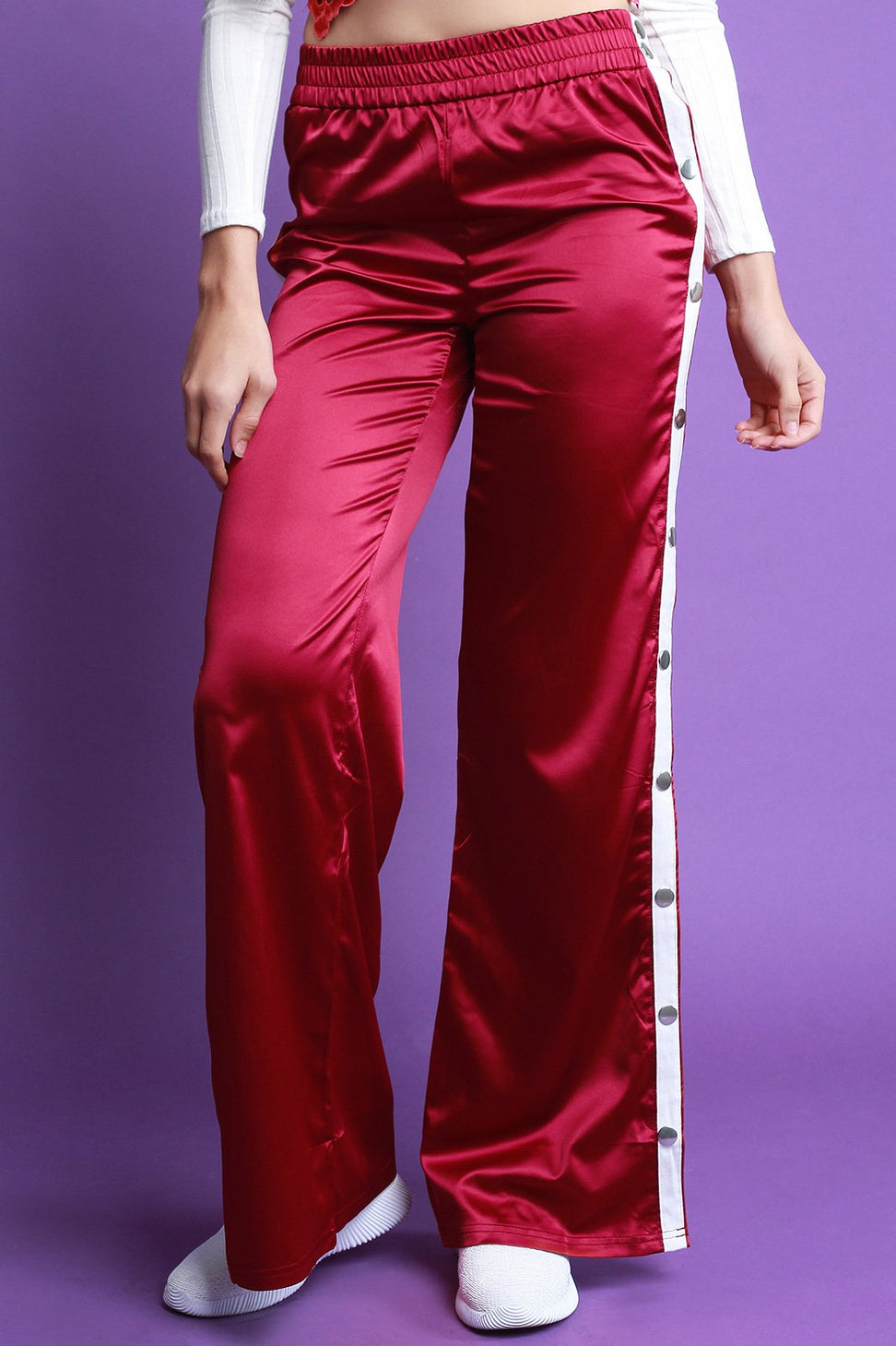 High Waisted Satin Side Snap Buttons Flared Pants