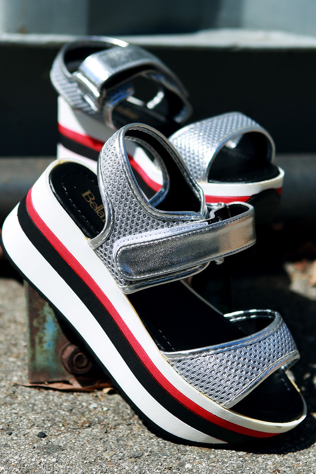 Metallic Fishnet Open Toe Hook And Loop Striped Flatform Wedge