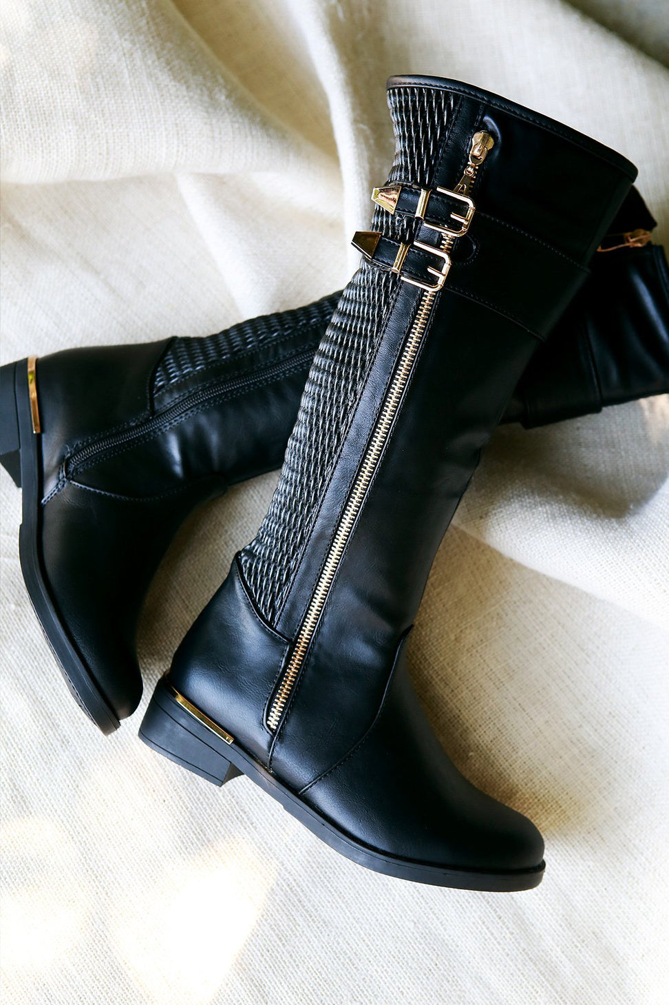 Buckled Stitchwork Zipper Trim Riding Knee High Boots