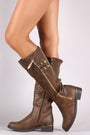 Buckled Stitchwork Zipper Trim Riding Knee High Boots